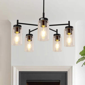 5 - Light Rustic Chandelier with Clear Glass Shades - Modern Black Pendant Light Fixture for Dining Room - Stu's Home Improvement Outlet