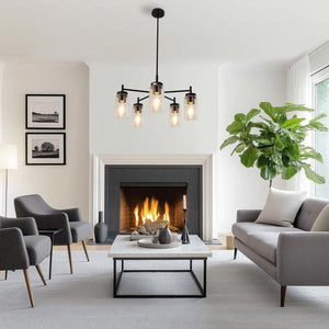 5 - Light Rustic Chandelier with Clear Glass Shades - Modern Black Pendant Light Fixture for Dining Room - Stu's Home Improvement Outlet