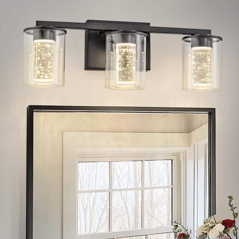 18 in. Modern 3 - Light Black Crystal LED Vanity Light with Clear Glass Shades, Dimmable Lighting - Stu's Home Improvement Outlet