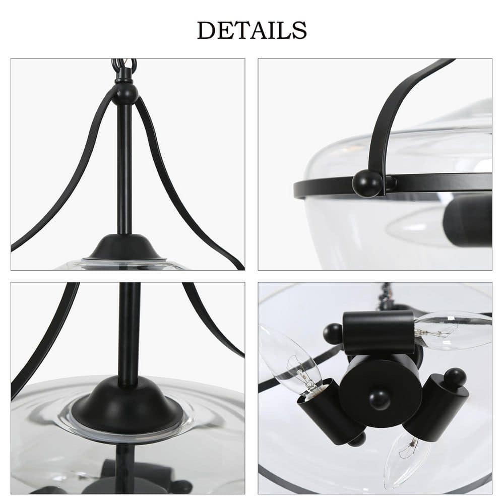 14 in. 3 - Light Industrial Black Chandelier Light, Modern Pendant Lights for Kitchen Island, Clear Glass Ceiling Light - Stu's Home Improvement Outlet