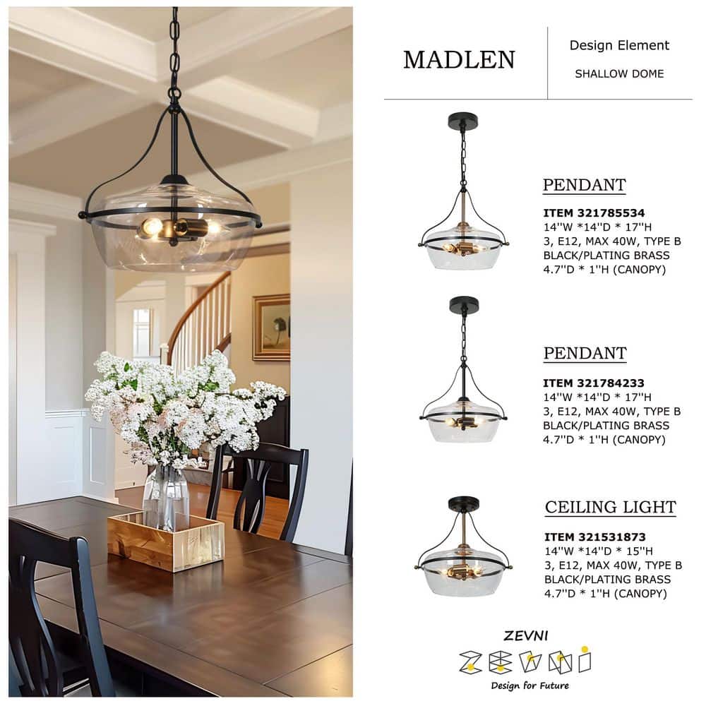 14 in. 3 - Light Industrial Black Chandelier Light, Modern Pendant Lights for Kitchen Island, Clear Glass Ceiling Light - Stu's Home Improvement Outlet