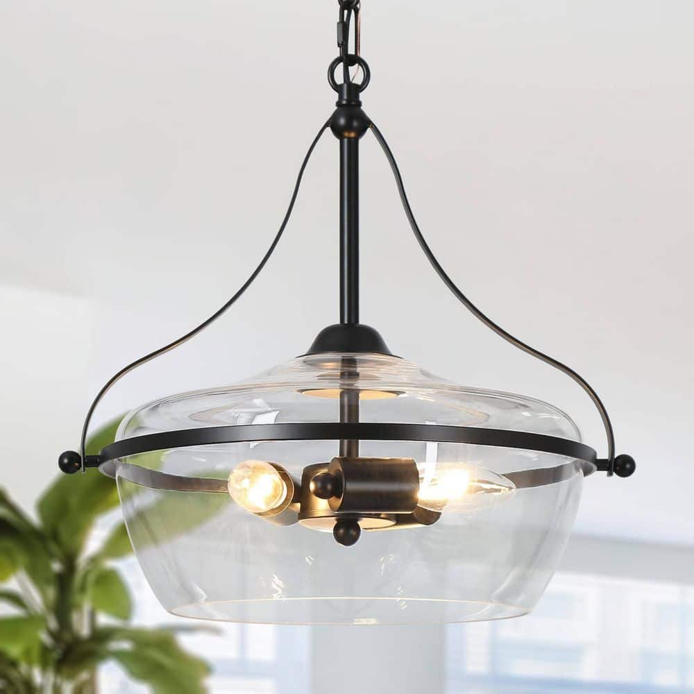 14 in. 3 - Light Industrial Black Chandelier Light, Modern Pendant Lights for Kitchen Island, Clear Glass Ceiling Light - Stu's Home Improvement Outlet