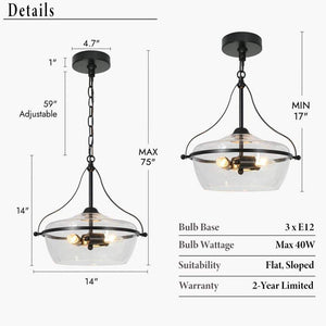 14 in. 3 - Light Industrial Black Chandelier Light, Modern Pendant Lights for Kitchen Island, Clear Glass Ceiling Light - Stu's Home Improvement Outlet