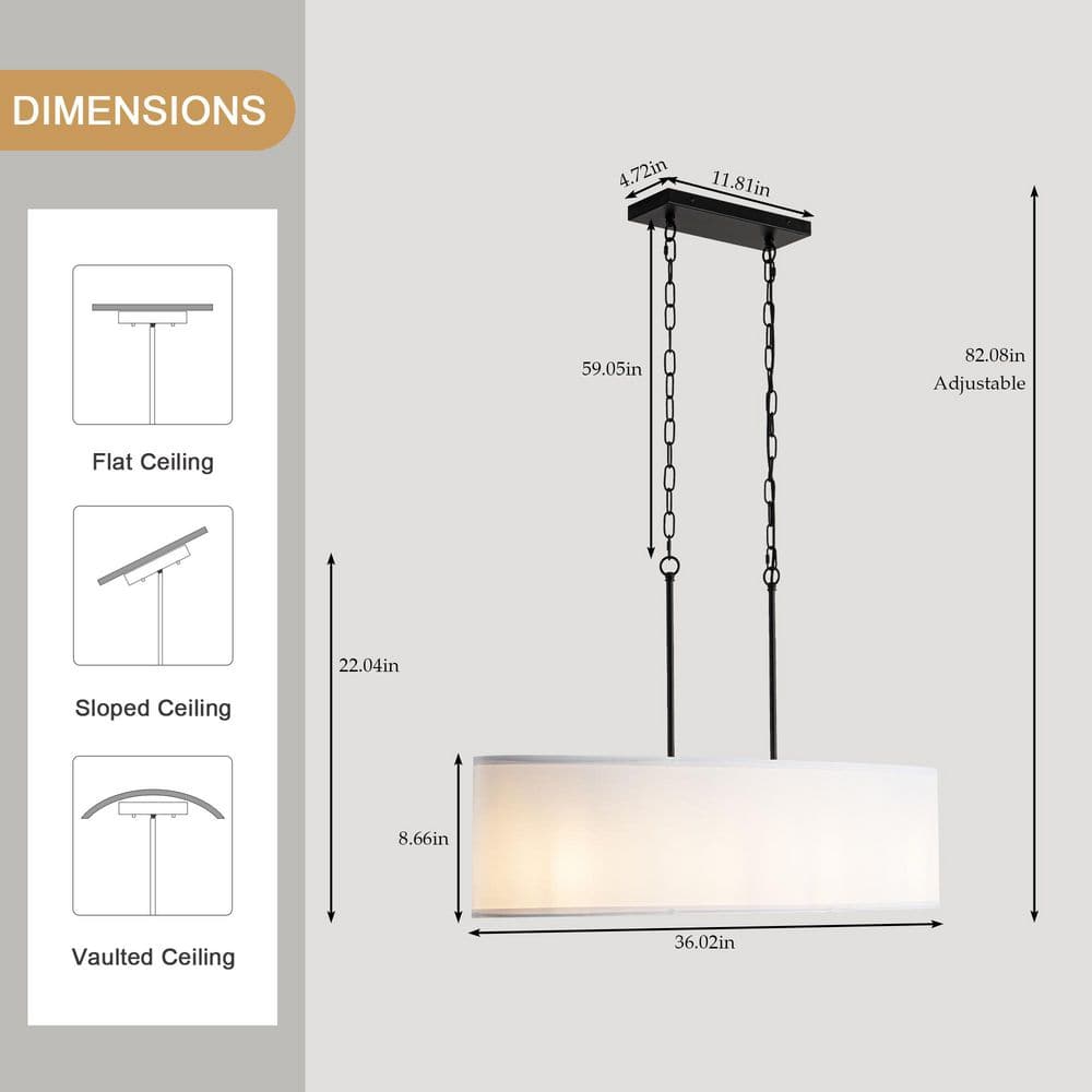 4 - Light Black Ellipsoid Hanging Linear Chandelier Lighting Fixture with Cloth Shade for Kitchen Island - Stu's Home Improvement Outlet
