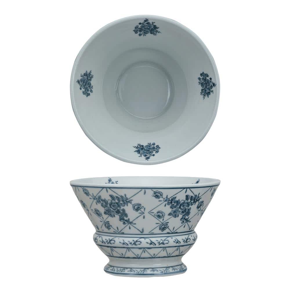 9.5 in. 89.3 fl. oz. Blue and White Hand-Painted Porcelain Floral Pattern Serving Bowl