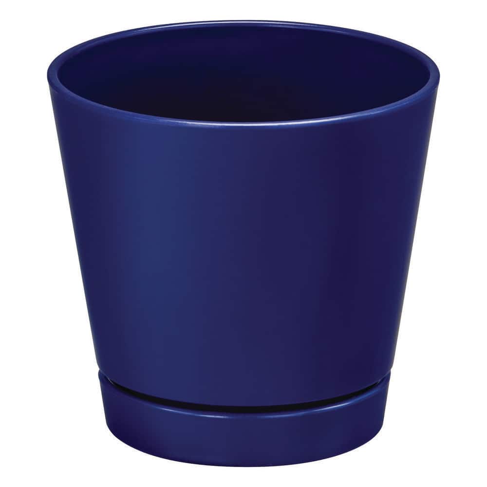 4.4 in. Piedmont Small Blue Plastic Planter (4.4 in. D x 4.2 in. H) with Drainage Hole and Attached Saucer