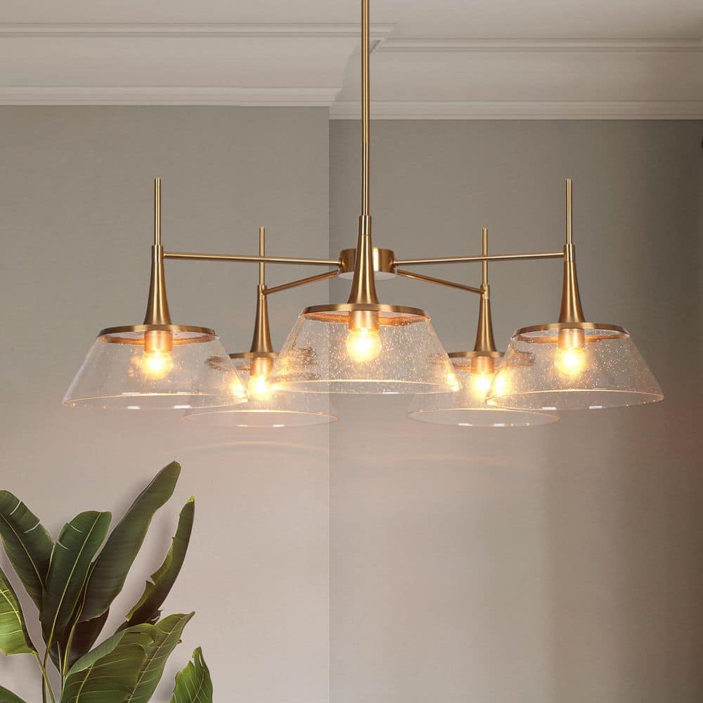 Modern Large Plated Brass Dining Room Chandelier Lighting 5 - Light Kitchen Pendant with Drum Clear Seedy Glass Shades - Stu's Home Improvement Outlet