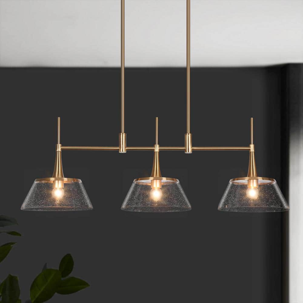 34.5 in. Large Brass Modern Island Linear Chandelier 3 - Light Kitchen Pendant Billiard Lighting with Seedy Glass Shades - Stu's Home Improvement Outlet