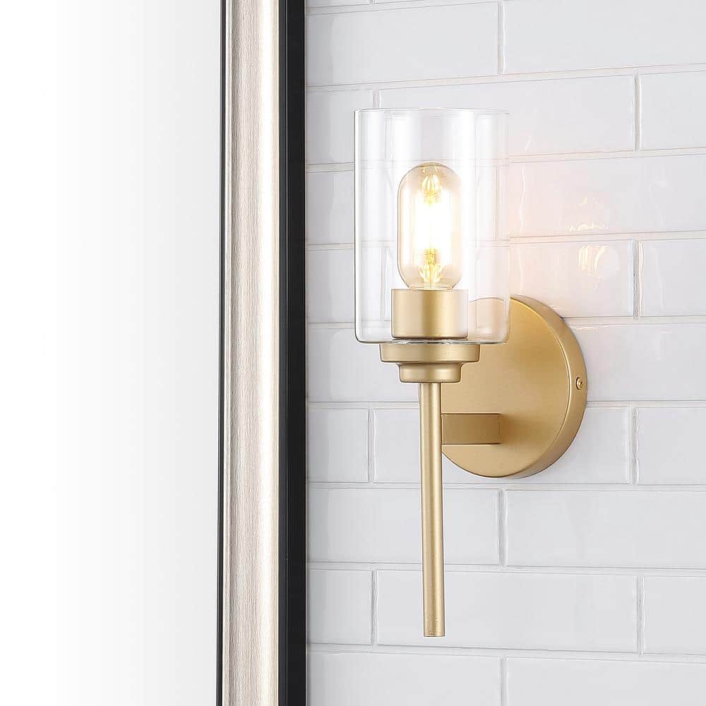 Juno 13 in. 1-Light Farmhouse Industrial Iron Cylinder LED Vanity Light, Brass Gold/Clear