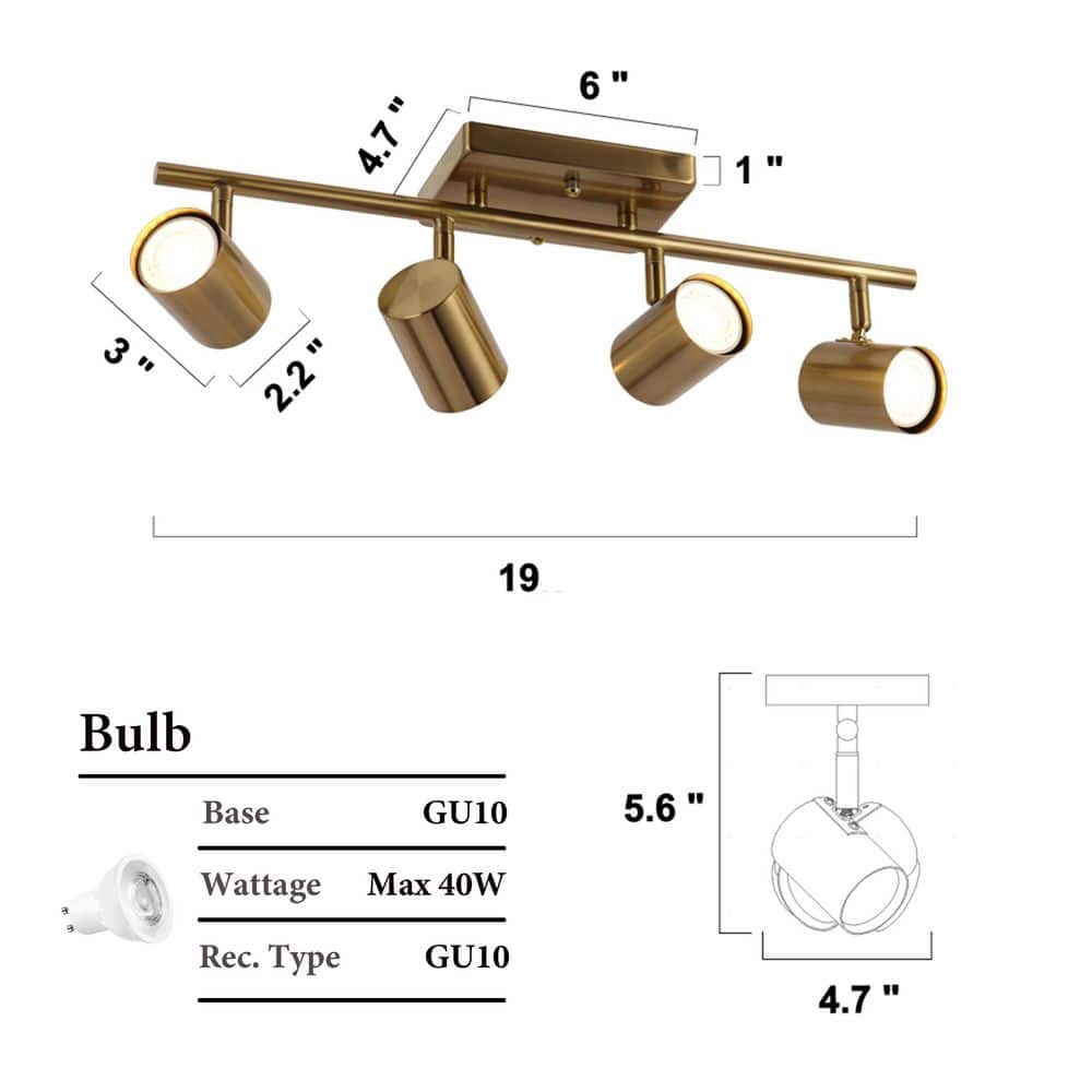 1.6 ft. 4 - Light Brass Gold Modern Track Lighting Kits Linear Rotating Head Track Light with Metal Shade, Ceiling Light - Stu's Home Improvement Outlet