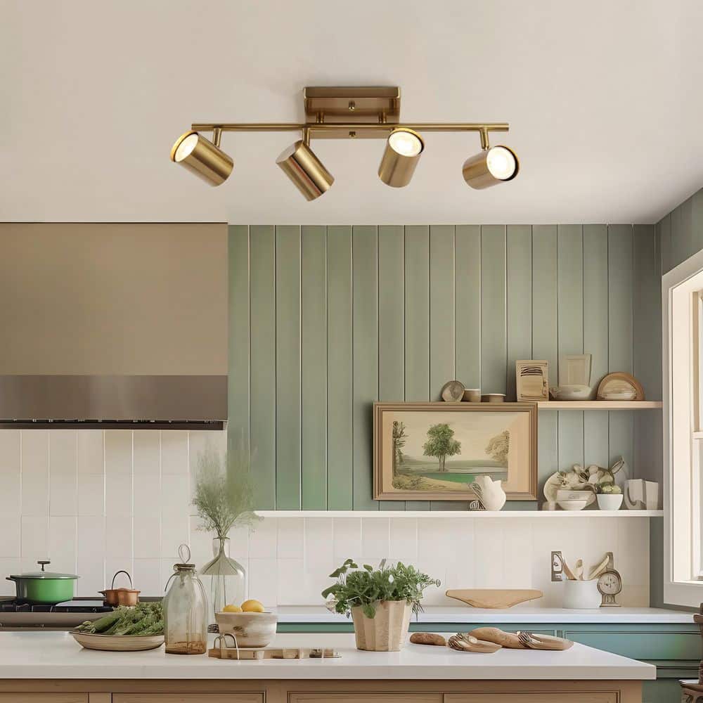 1.6 ft. 4-Light Brass Gold Modern Track Lighting Kits Linear Rotating Head Track Light with Metal Shade, Ceiling Light