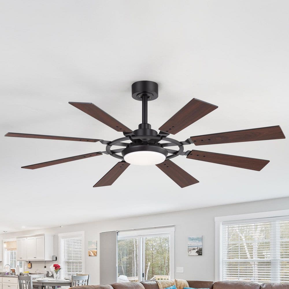 Archer 52 in. Integrated LED Indoor Black Downrod Mount Ceiling Fan with Light, 8 Black/Brown Blades and Remote Included - Stu's Home Improvement Outlet