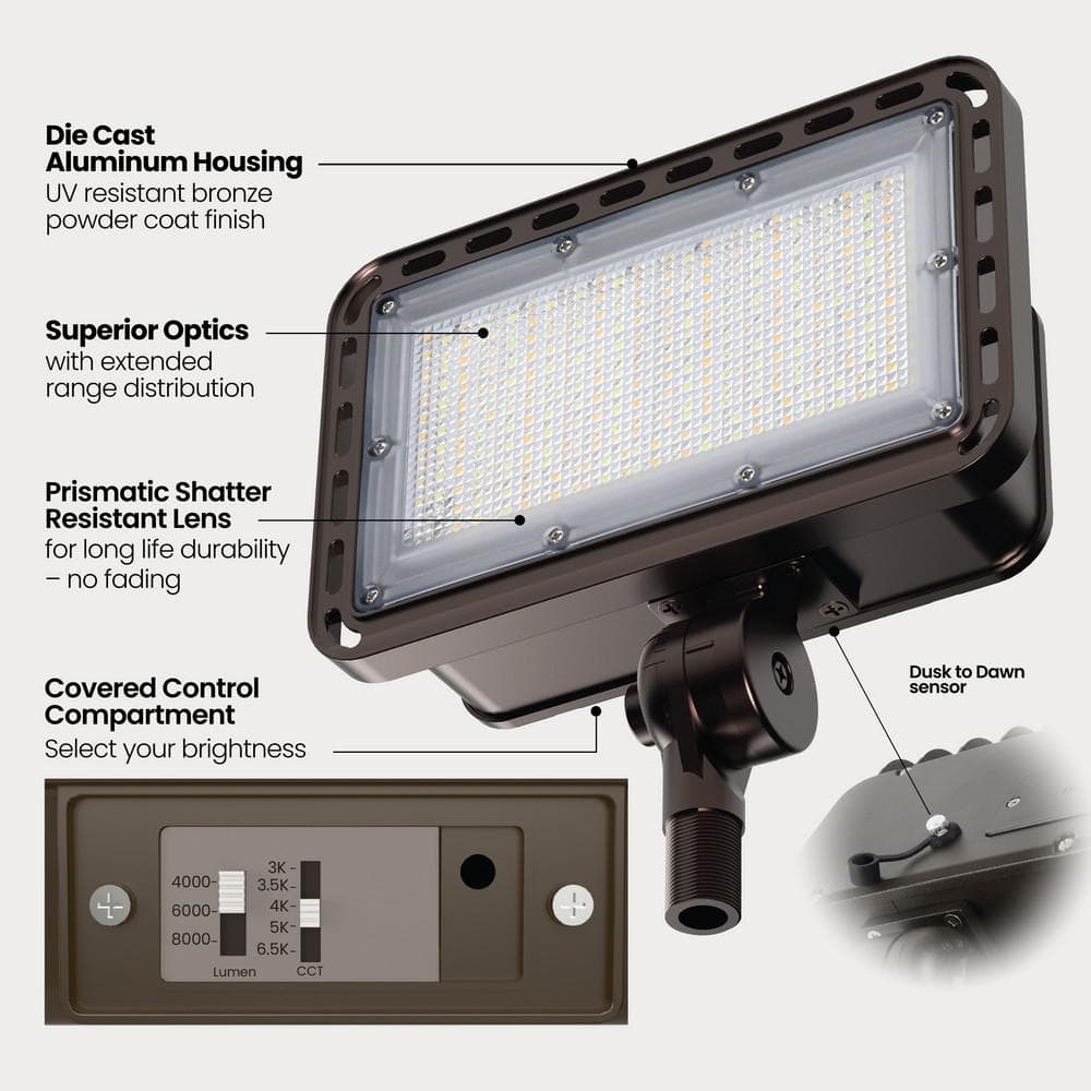 500 - Watt Equivalent 4000/6000/8000 Lumens Selectable 5CCT Bronze Dusk to Dawn Integrated LED Flood Light - Stu's Home Improvement Outlet