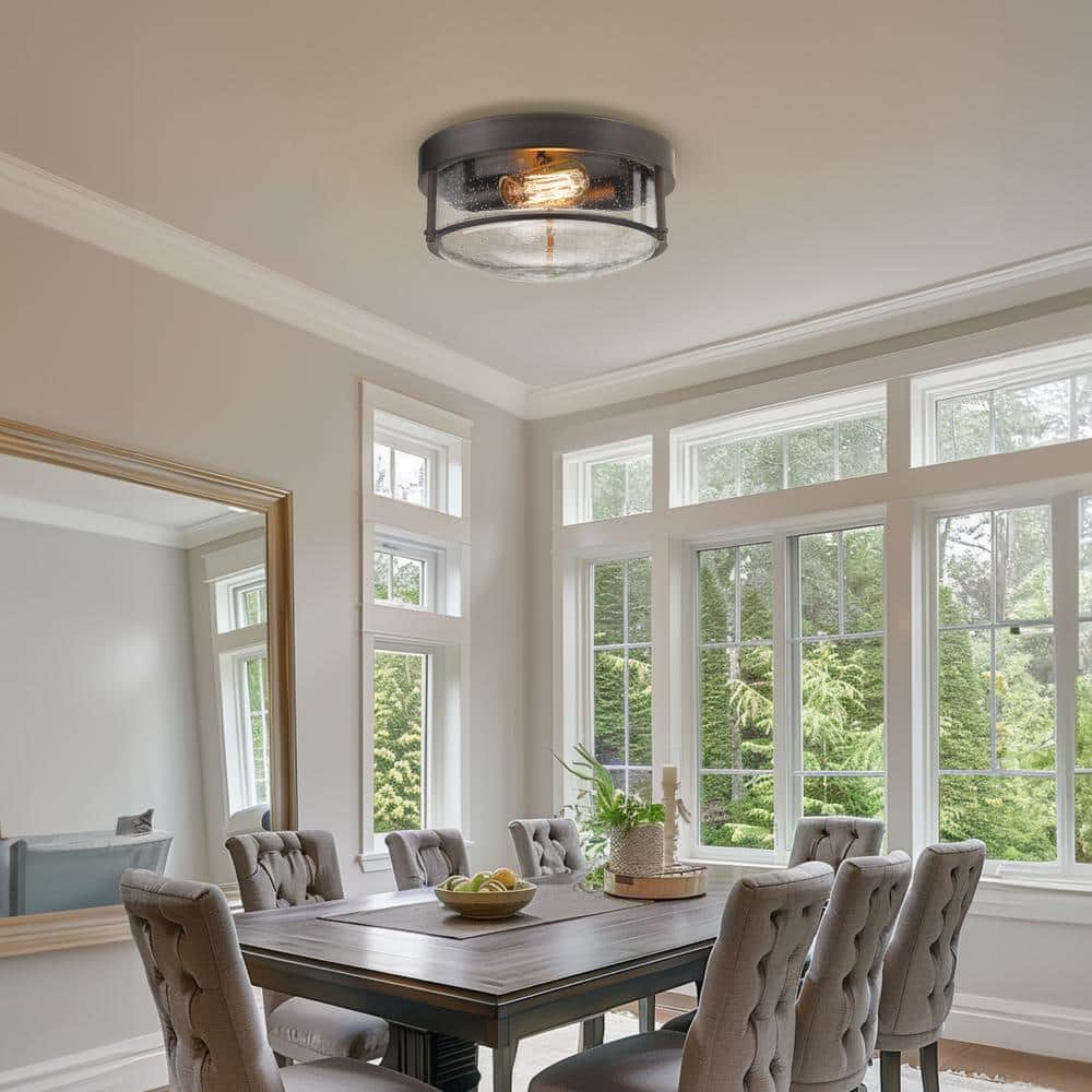 12 in. 2 - Light Oil Rubbed Bronze Finish With Seeded Glass Shade Ceiling Flush Mount Light Fixture - Stu's Home Improvement Outlet