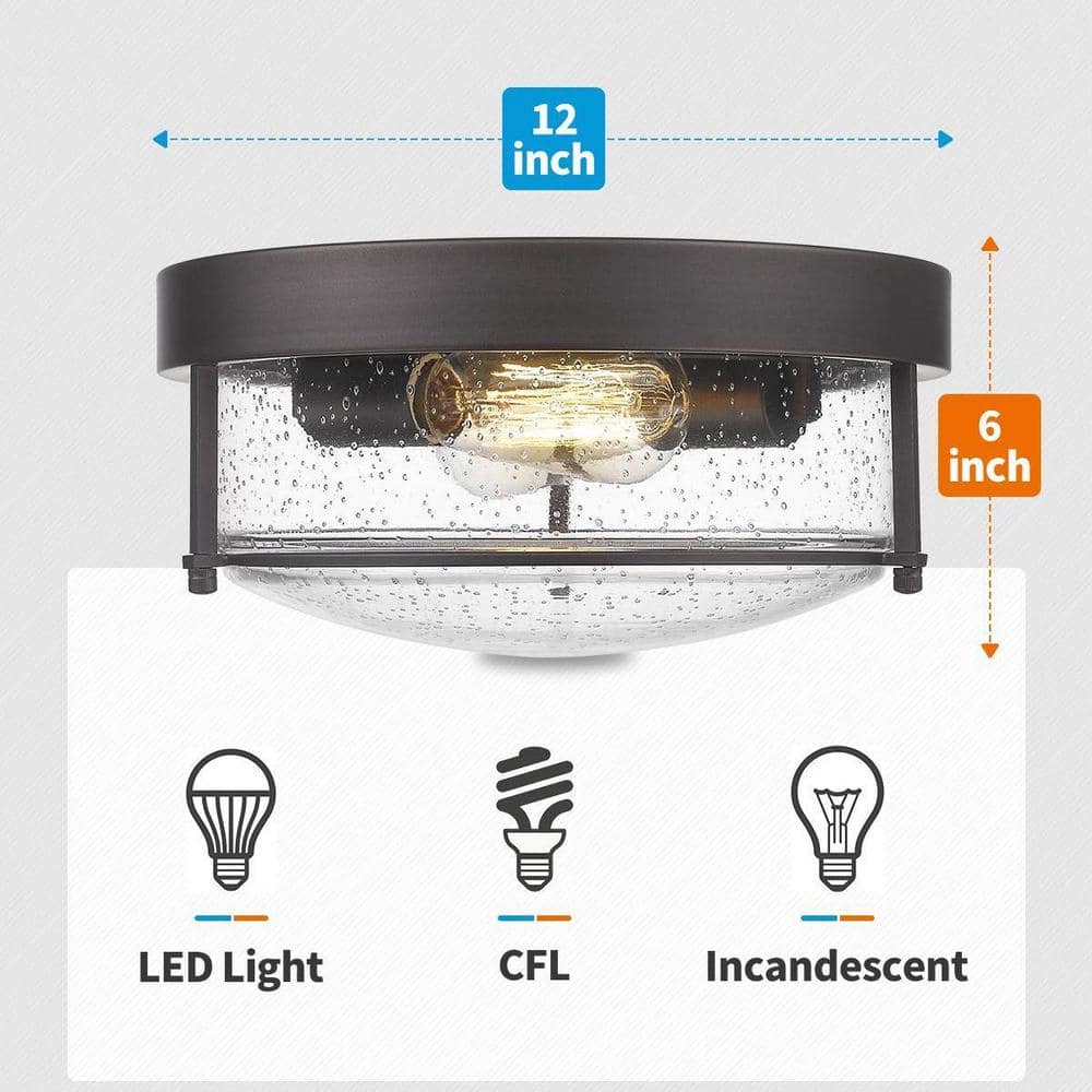 12 in. 2 - Light Oil Rubbed Bronze Finish With Seeded Glass Shade Ceiling Flush Mount Light Fixture - Stu's Home Improvement Outlet