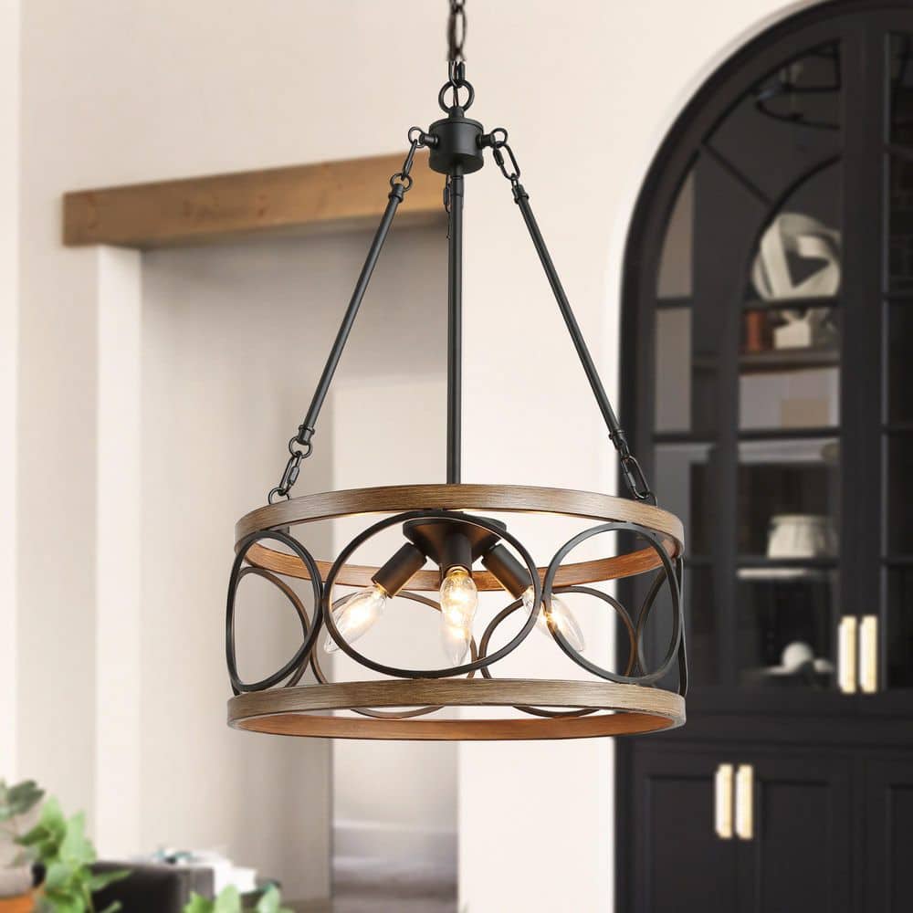 Brown Drum Chandelier, 4 - Light Black Cage Farmhouse Chandelier Dining Room Pendant Light with Wood Accents - Stu's Home Improvement Outlet