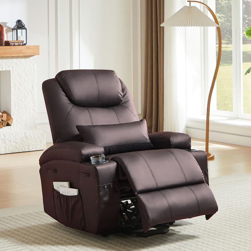 38 in. W Brown Power Lift Recliner Chair with 8 - Point Massage and Heating,Living Room Chair with Pillow and Side Pockets - Stu's Home Improvement Outlet