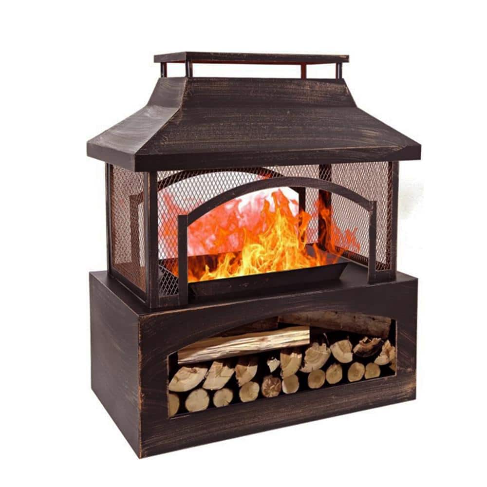 37 in. Steel Outdoor Wood Burning Fireplace with Wood Storage Rectangular Freestanding - Stu's Home Improvement Outlet