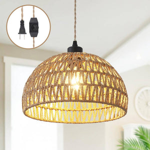 Derica 1 - Light Brown Plug - In Woven Rattan Dome Boho Pendant Light with Hand - Woven Rattan Shade with 14.76 ft. Cord - Stu's Home Improvement Outlet