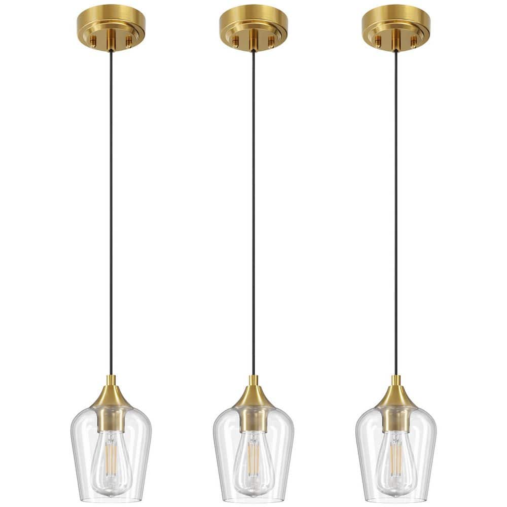 60-Watt 1-Light Brushed Gold Shaded Pendant Light Kitchen Island w/ Glass Shade E26 Base and Adjustable Cable, (3-Packs)