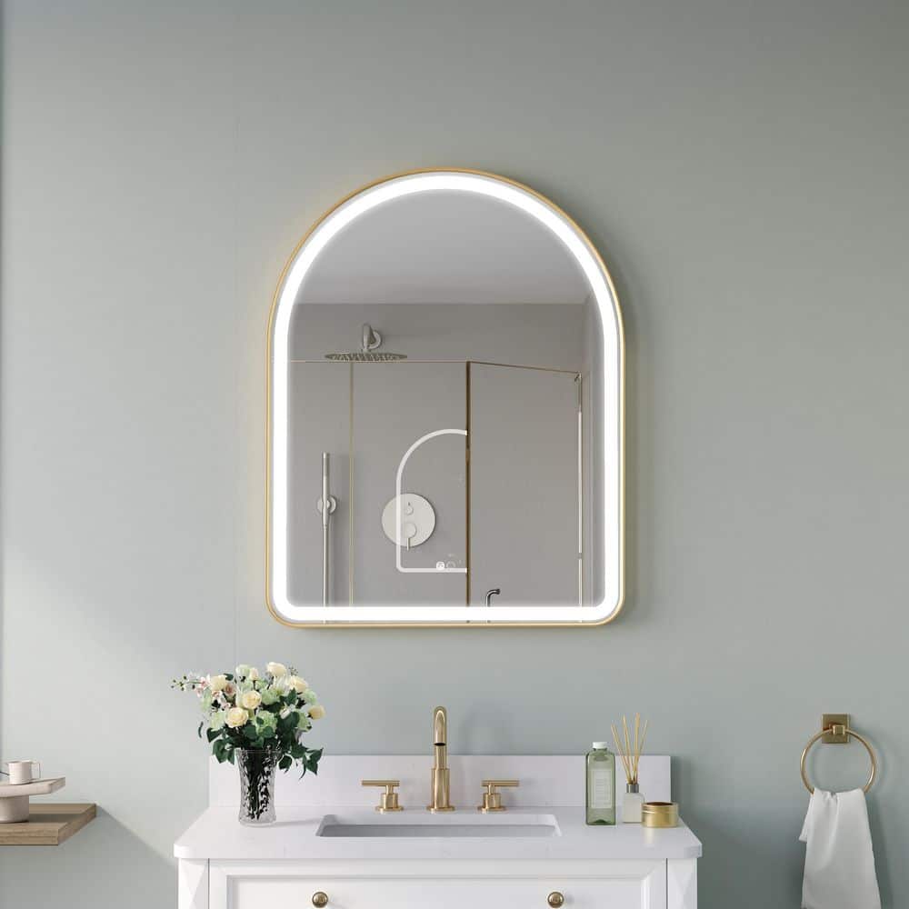 28 in. W x 36 in. H Arched Framed Anti-Fog Dimmable LED Wall Mount Bathroom Vanity Mirror in Brushed Gold