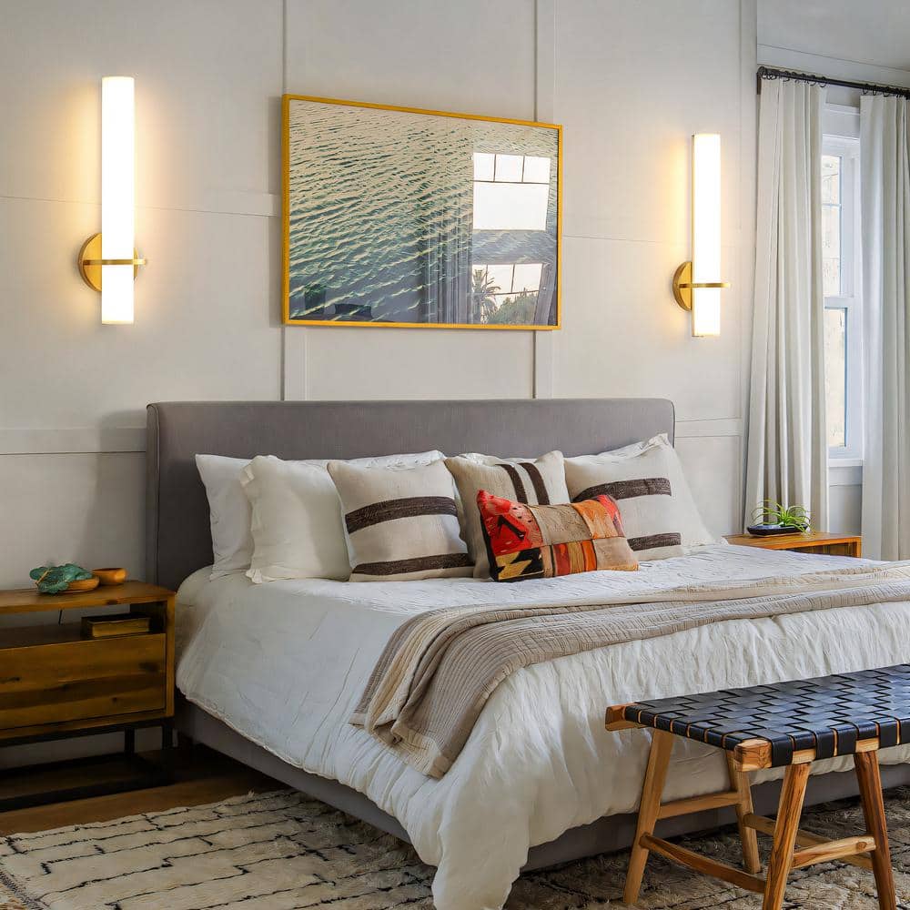 Modern LED Gold Wall Sconce with Frosted Cylindrical Acrylic Shade Dimmable Sconces Wall Lighting (Set of 2) - Stu's Home Improvement Outlet