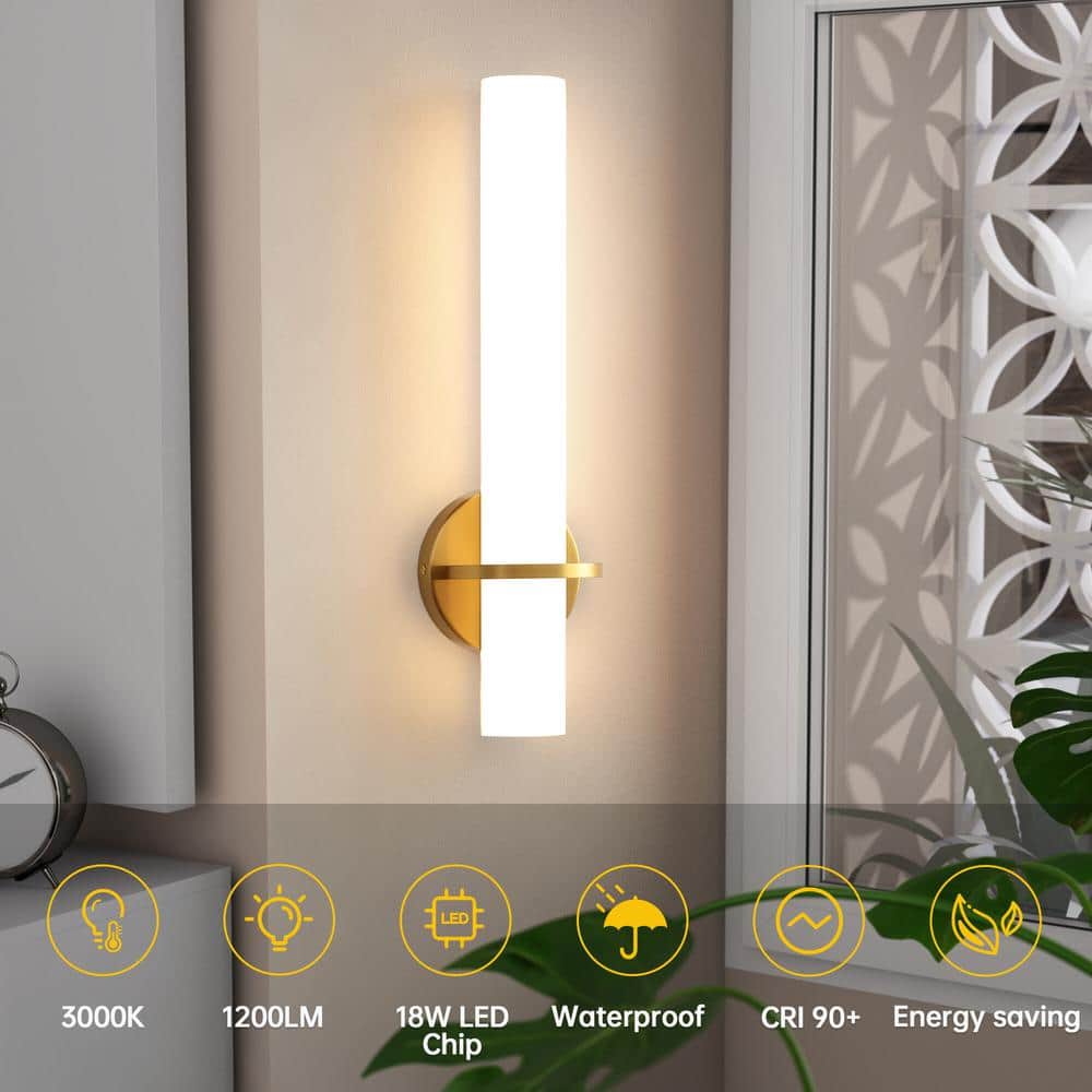 Modern LED Gold Wall Sconce with Frosted Cylindrical Acrylic Shade Dimmable Sconces Wall Lighting (Set of 2) - Stu's Home Improvement Outlet