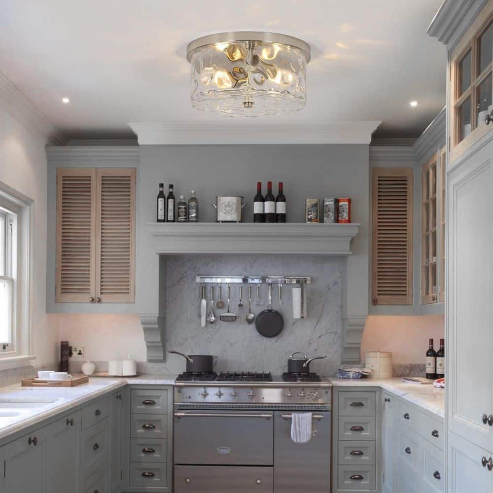 12 in. 2 - Light Brushed Nickel Flush Mount Ceiling Light with Water Rippled Glass Shade - Stu's Home Improvement Outlet