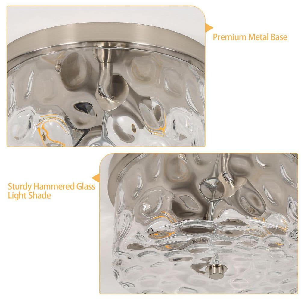 12 in. 2 - Light Brushed Nickel Flush Mount Ceiling Light with Water Rippled Glass Shade - Stu's Home Improvement Outlet