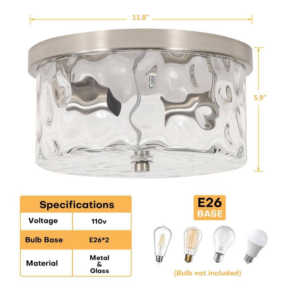12 in. 2 - Light Brushed Nickel Flush Mount Ceiling Light with Water Rippled Glass Shade - Stu's Home Improvement Outlet