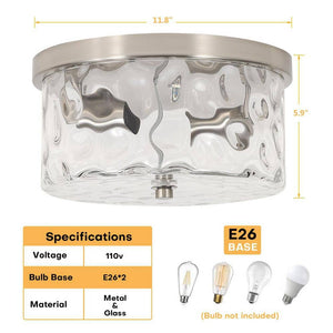 12 in. 2 - Light Brushed Nickel Flush Mount Ceiling Light with Water Rippled Glass Shade - Stu's Home Improvement Outlet