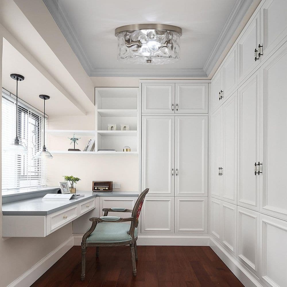 12 in. 2 - Light Brushed Nickel Flush Mount Ceiling Light with Water Rippled Glass Shade - Stu's Home Improvement Outlet