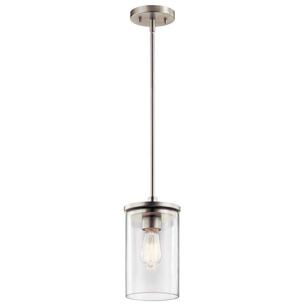 Crosby 1-Light Brushed Nickel Contemporary Shaded Kitchen Mini Pendant Hanging Light with Clear Glass