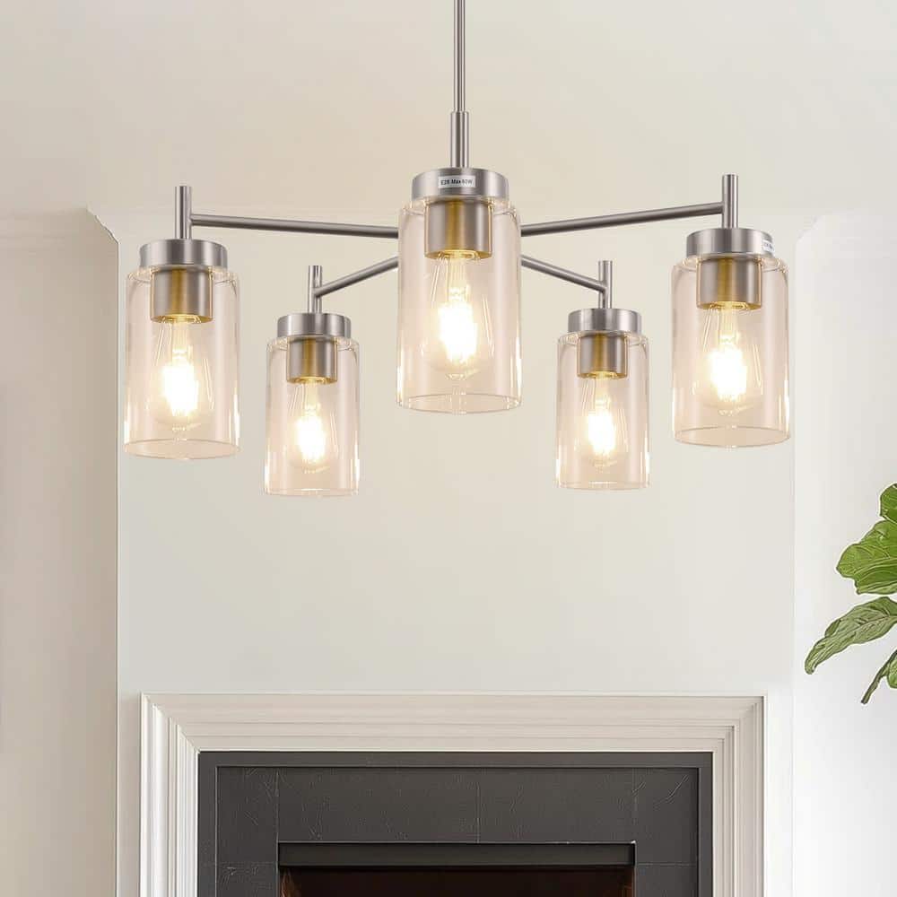5 - Light Brushed Nickel Pendant Light with Clear Glass Shades - Industrial Ceiling Fixture for Kitchen or Bedroom - Stu's Home Improvement Outlet