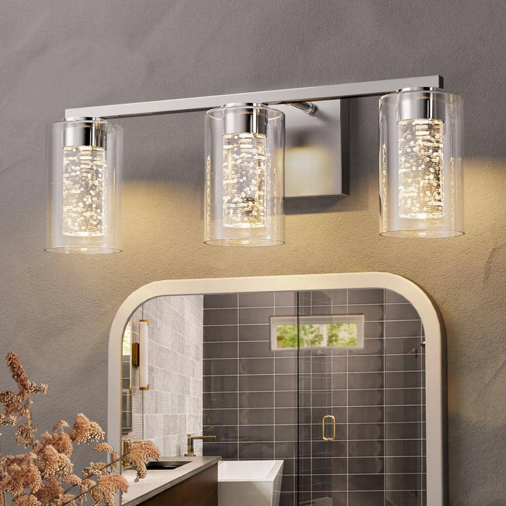 3 - Light Brushed Nickel Integrated LED Bathroom Vanity Light Dimmable White/Neutral/Warm Light with Clear Glass Shade - Stu's Home Improvement Outlet