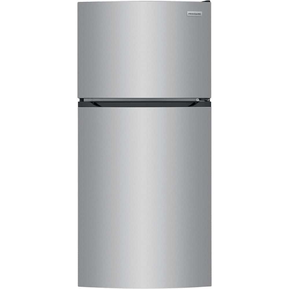 A sleek silver refrigerator with a top freezer and curved edges.
