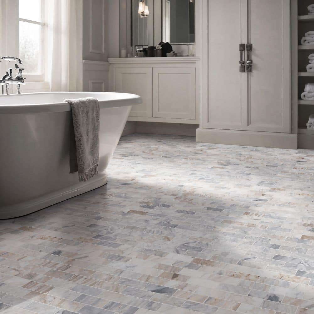 Capri Blue Subway 12 in. x 12 in. x 0.38 in. Honed Marble Mesh-Mounted Mosaic Floor and Wall Tile (0.97 sq. ft./Each)