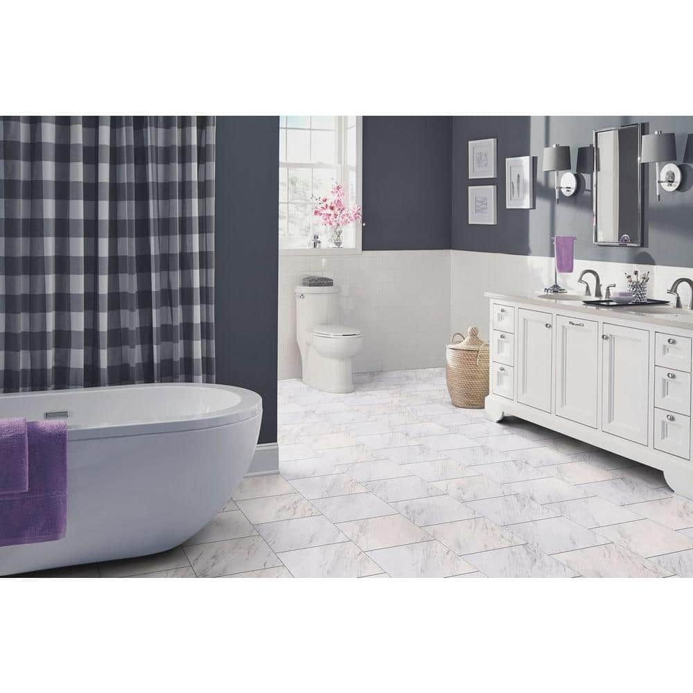 TrafficMaster Carrara Marble 4 MIL x 12 in. W x 12 in. L Peel and Stick Water Resistant Vinyl Tile Flooring (30 sqft/case)