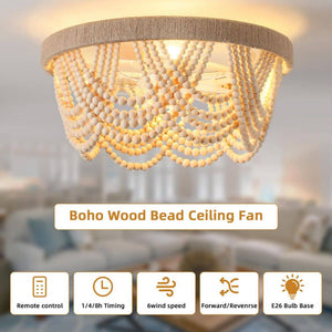 11.5 in. 4 - Light Indoor Wood Boho Ceiling Fan with Light Kit and Remote Control Wood Beaded Flush Mount Ceiling Fan - Stu's Home Improvement Outlet
