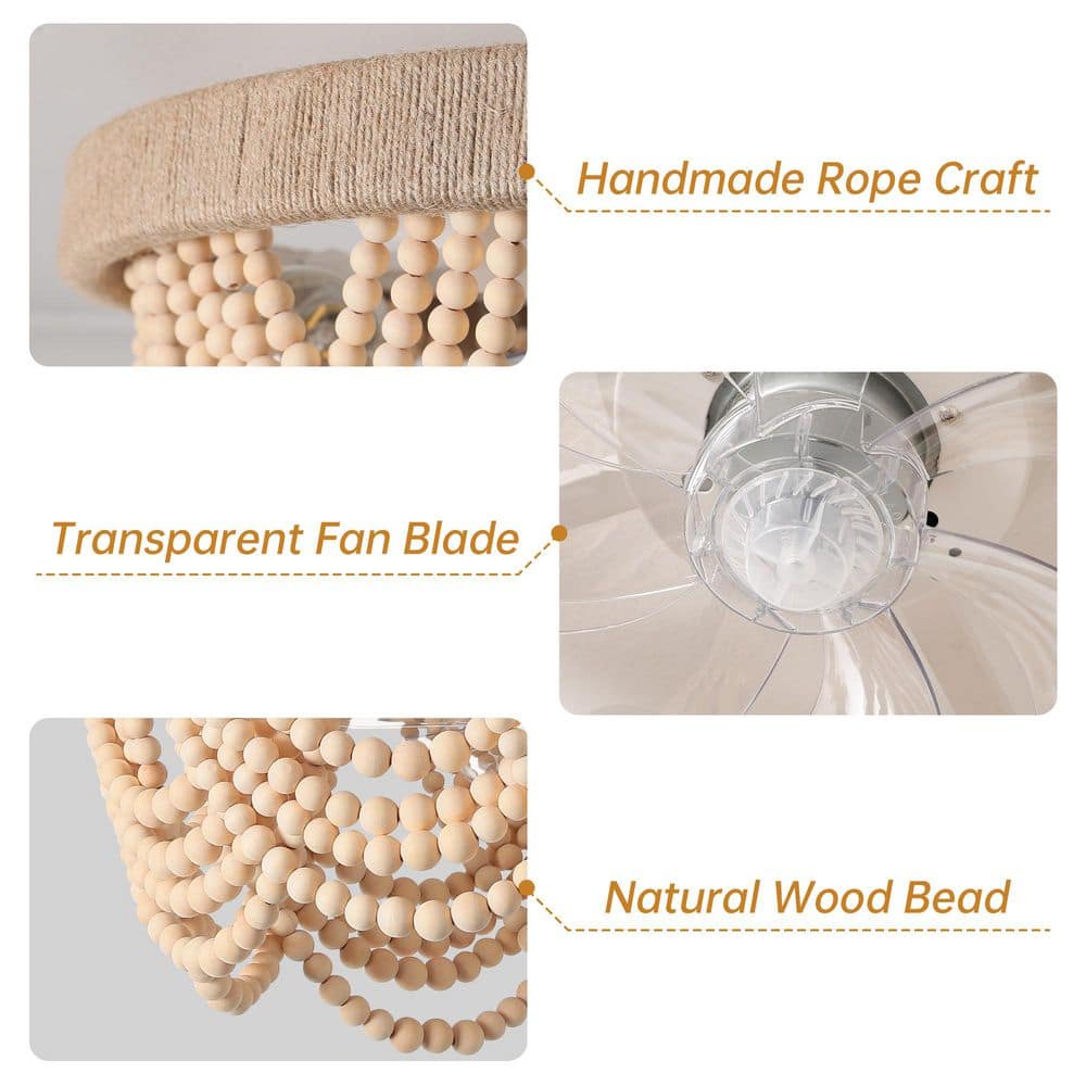 11.5 in. 4 - Light Indoor Wood Boho Ceiling Fan with Light Kit and Remote Control Wood Beaded Flush Mount Ceiling Fan - Stu's Home Improvement Outlet
