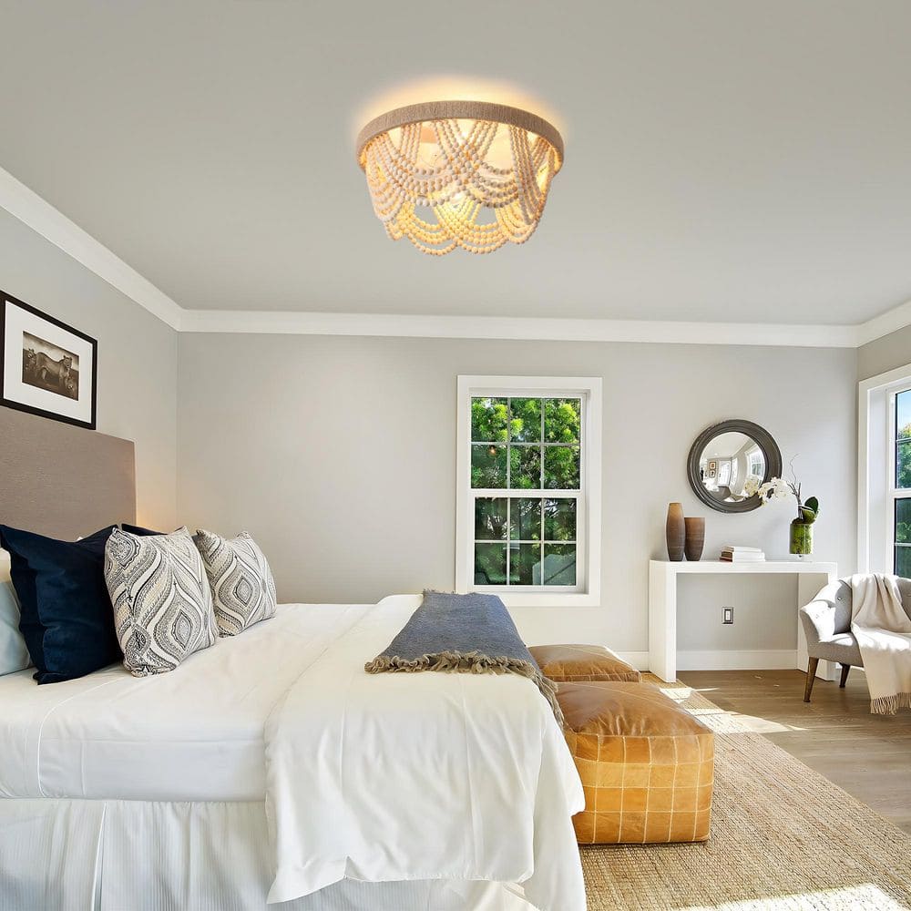 11.5 in. 4 - Light Indoor Wood Boho Ceiling Fan with Light Kit and Remote Control Wood Beaded Flush Mount Ceiling Fan - Stu's Home Improvement Outlet