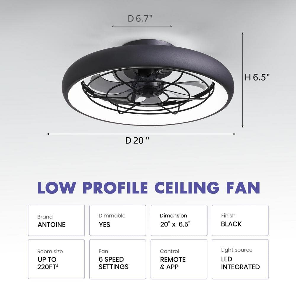 20 in. LED Indoor Black Low Profile Reversible Flush Mount Caged Ceiling Fan with Dimmable Light and Smart App Remote - Stu's Home Improvement Outlet
