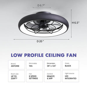 20 in. LED Indoor Black Low Profile Reversible Flush Mount Caged Ceiling Fan with Dimmable Light and Smart App Remote - Stu's Home Improvement Outlet