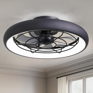 20 in. LED Indoor Black Low Profile Reversible Flush Mount Caged Ceiling Fan with Dimmable Light and Smart App Remote - Stu's Home Improvement Outlet