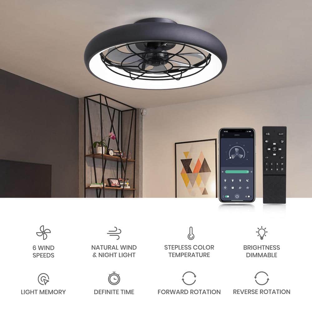 20 in. LED Indoor Black Low Profile Reversible Flush Mount Caged Ceiling Fan with Dimmable Light and Smart App Remote - Stu's Home Improvement Outlet