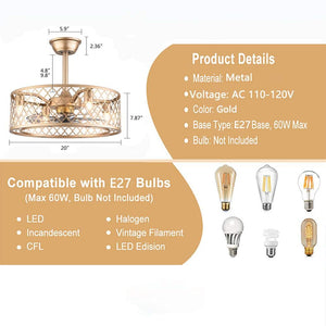 20 in. Gold Indoor Metal Caged Semi Flush Mount Ceiling Fan with Light Kit and Remote Control - Stu's Home Improvement Outlet