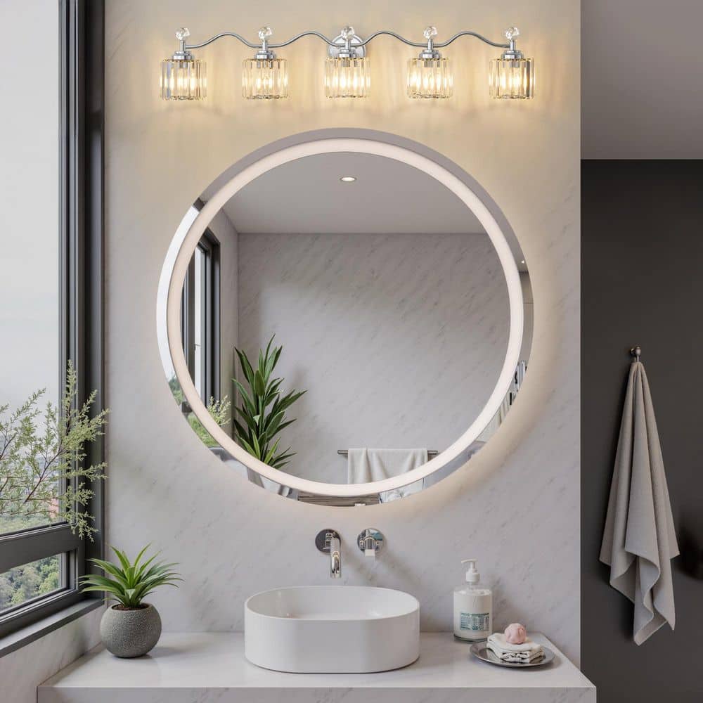 Modern Luxury 44.5 in. 5 - Light Chrome Vanity Light with Crystal Shade for Bathroom - Stu's Home Improvement Outlet