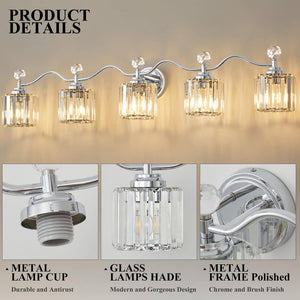 Modern Luxury 44.5 in. 5 - Light Chrome Vanity Light with Crystal Shade for Bathroom - Stu's Home Improvement Outlet
