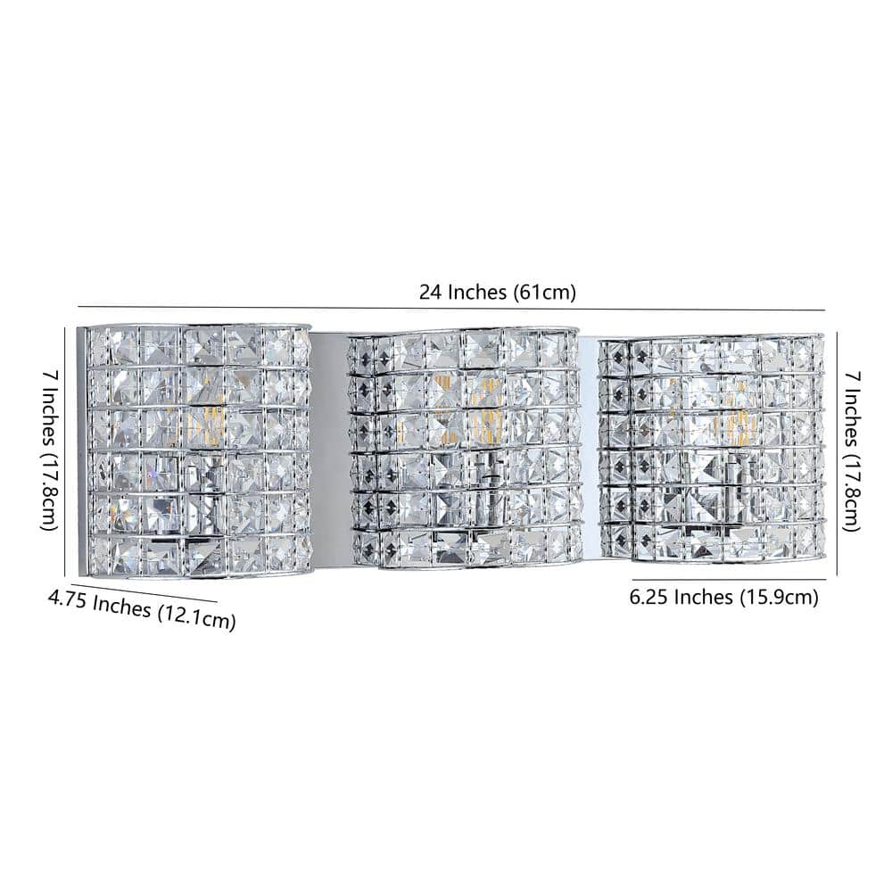 Clara Deco 24 in. 3 - Light Metal/Crystal Classic Glam LED Vanity Light, Chrome - Stu's Home Improvement Outlet