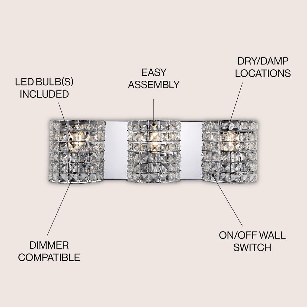 Clara Deco 24 in. 3 - Light Metal/Crystal Classic Glam LED Vanity Light, Chrome - Stu's Home Improvement Outlet